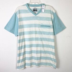 NWT At Lab Freedom Prosperity Randy White & Aqua Striped V Neck Tshirt Size XL